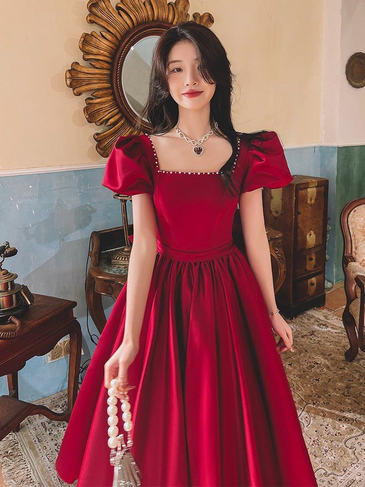 Winter Wine Red Satin Dress – French Princess Mid - Length Puff Sleeve Engagement Gown by LUXE AHMAR – Available at LUXE AHMAR