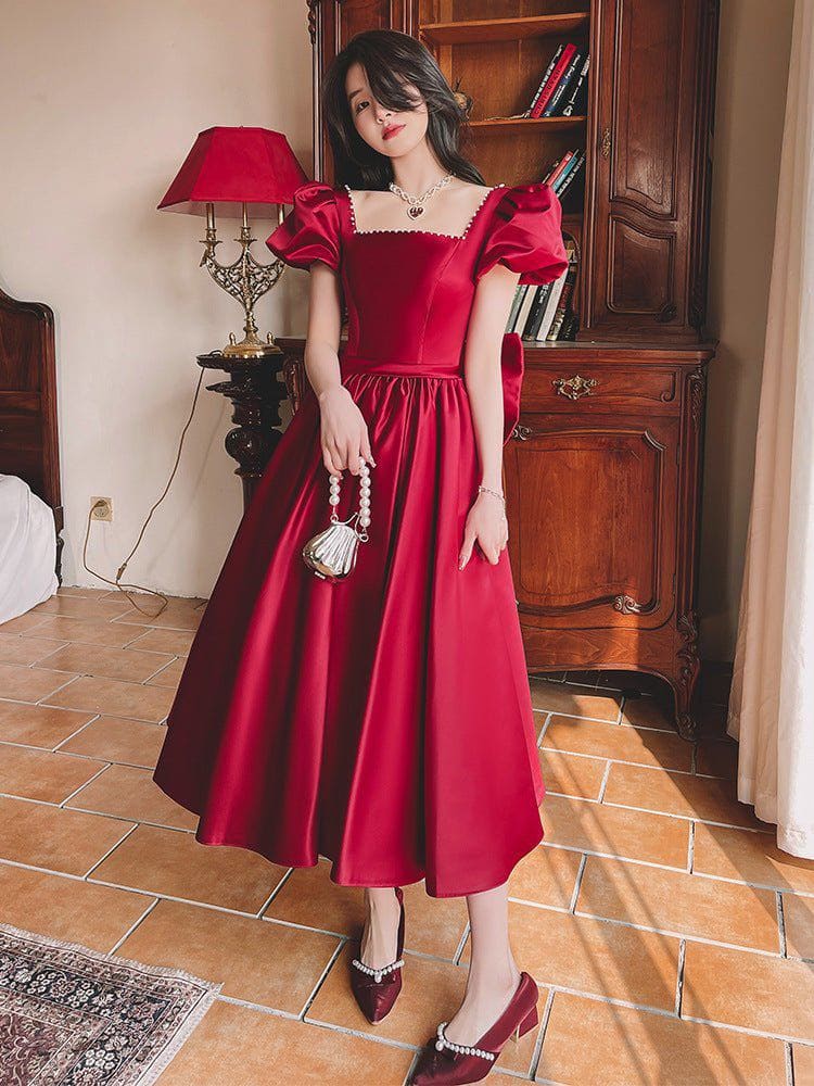 Winter Wine Red Satin Dress – French Princess Mid - Length Puff Sleeve Engagement Gown by LUXE AHMAR – Available at LUXE AHMAR