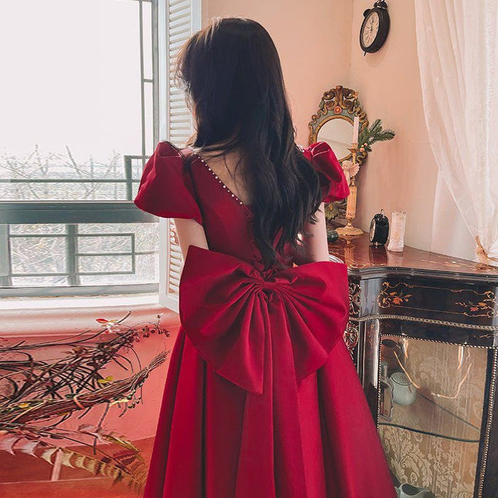 Winter Wine Red Satin Dress – French Princess Mid - Length Puff Sleeve Engagement Gown by LUXE AHMAR – Available at LUXE AHMAR