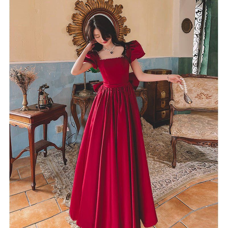 Winter Wine Red Satin Dress – French Princess Mid - Length Puff Sleeve Engagement Gown by LUXE AHMAR – Available at LUXE AHMAR