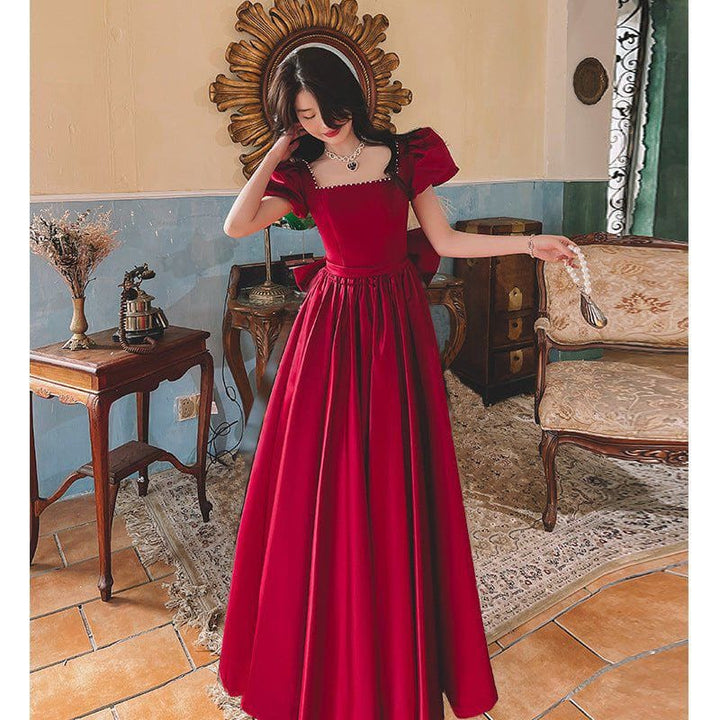 Winter Wine Red Satin Dress – French Princess Mid - Length Puff Sleeve Engagement Gown by LUXE AHMAR – Available at LUXE AHMAR