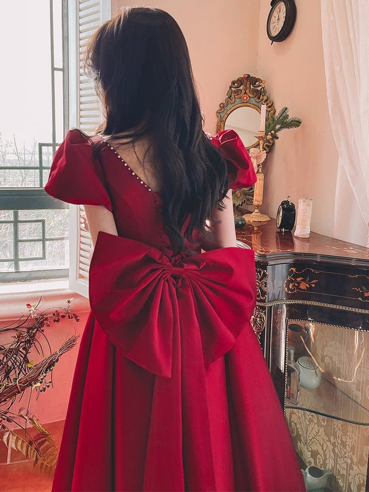 Winter Wine Red Satin Dress – French Princess Mid - Length Puff Sleeve Engagement Gown by LUXE AHMAR – Available at LUXE AHMAR
