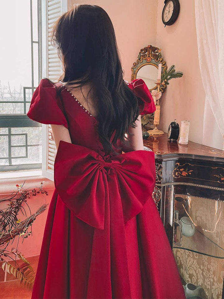 Winter Wine Red Satin Dress – French Princess Mid - Length Puff Sleeve Engagement Gown by LUXE AHMAR – Available at LUXE AHMAR