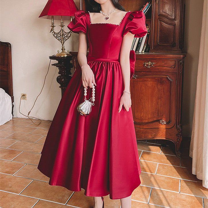 Winter Wine Red Satin Dress – French Princess Mid - Length Puff Sleeve Engagement Gown by LUXE AHMAR – Available at LUXE AHMAR