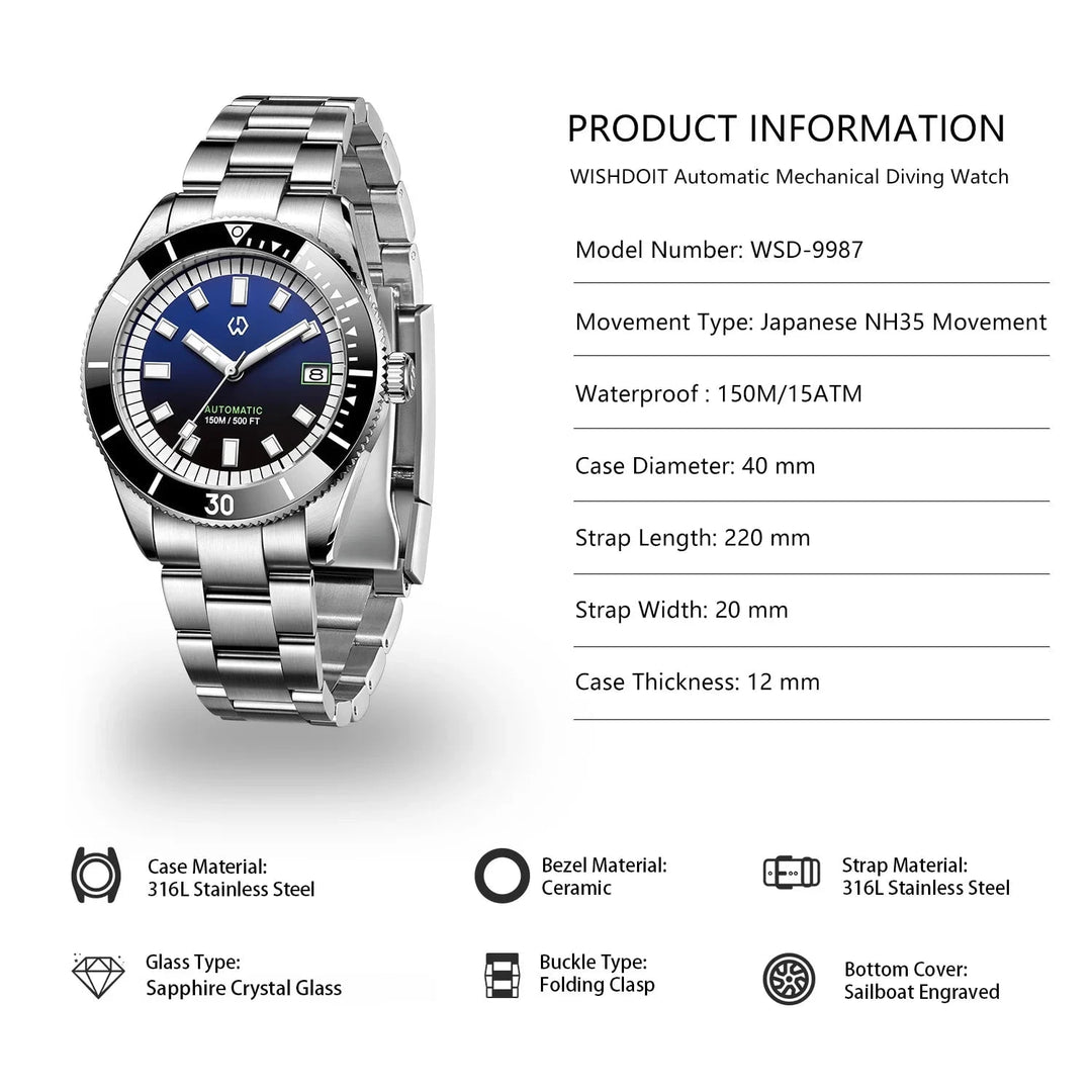 WISHDOIT 9987 Men's Automatic Dive Watch – NH35 Mechanical Movement, 150M Waterproof, Sapphire Crystal, Super Luminous Bezel by Luxe Ahmar – Available at LUXE AHMAR