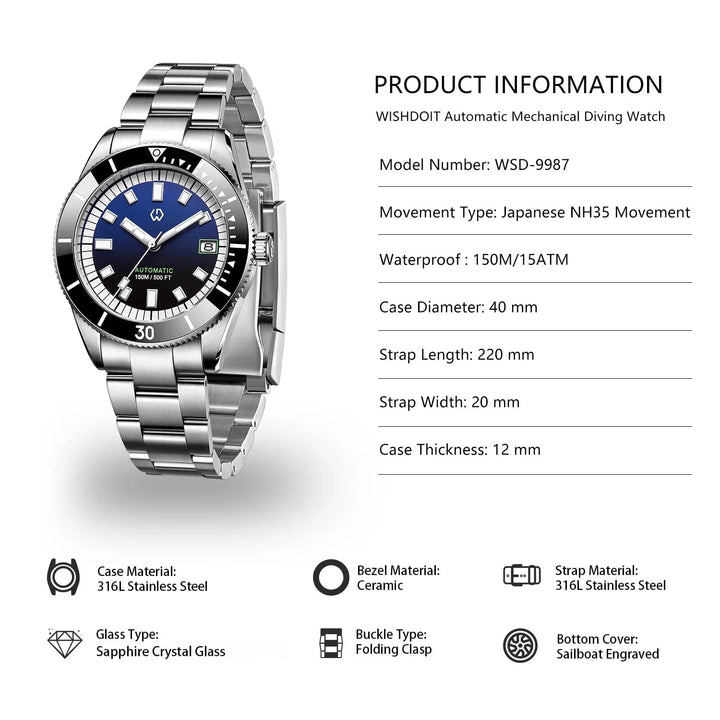 WISHDOIT 9987 Men's Automatic Dive Watch – NH35 Mechanical Movement, 150M Waterproof, Sapphire Crystal, Super Luminous Bezel by Luxe Ahmar – Available at LUXE AHMAR