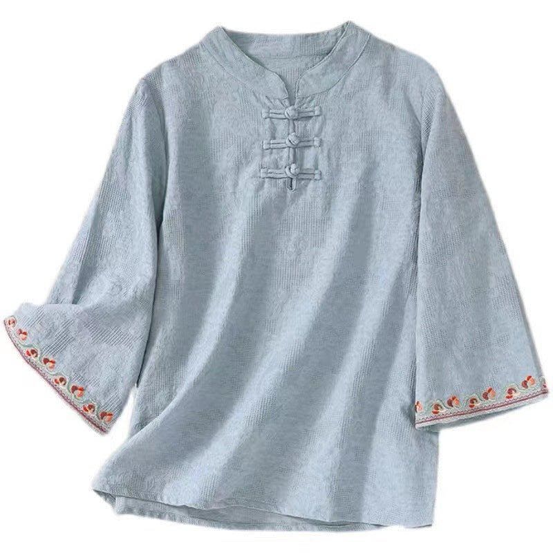 Women's Artistic Cotton Linen Embroidered Bell Sleeve Shirt – Retro Jacquard Pullover Blouse by LUXE AHMAR – Available at LUXE AHMAR