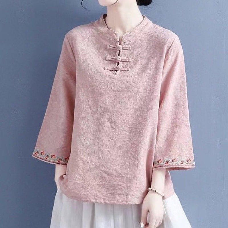 Women's Artistic Cotton Linen Embroidered Bell Sleeve Shirt – Retro Jacquard Pullover Blouse by LUXE AHMAR – Available at LUXE AHMAR