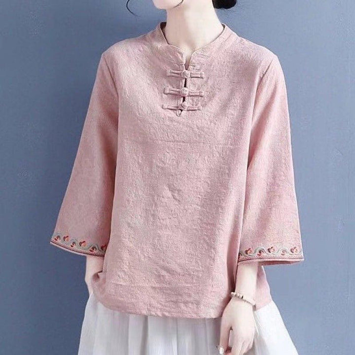 Women's Artistic Cotton Linen Embroidered Bell Sleeve Shirt – Retro Jacquard Pullover Blouse by LUXE AHMAR – Available at LUXE AHMAR