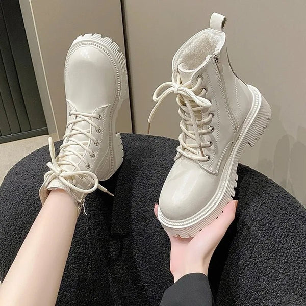 Women’s British Style Motorcycle Boots - Plush Thick Bottom Lace & Zipper Snow Boots for Autumn/Winter by Luxe Ahmar – Available at LUXE AHMAR