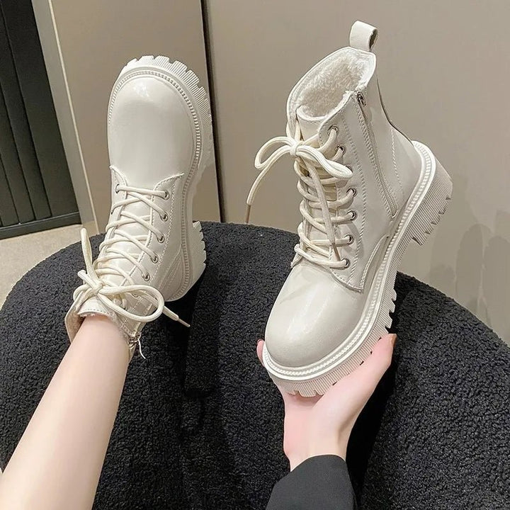 Women’s British Style Motorcycle Boots - Plush Thick Bottom Lace & Zipper Snow Boots for Autumn/Winter by Luxe Ahmar – Available at LUXE AHMAR