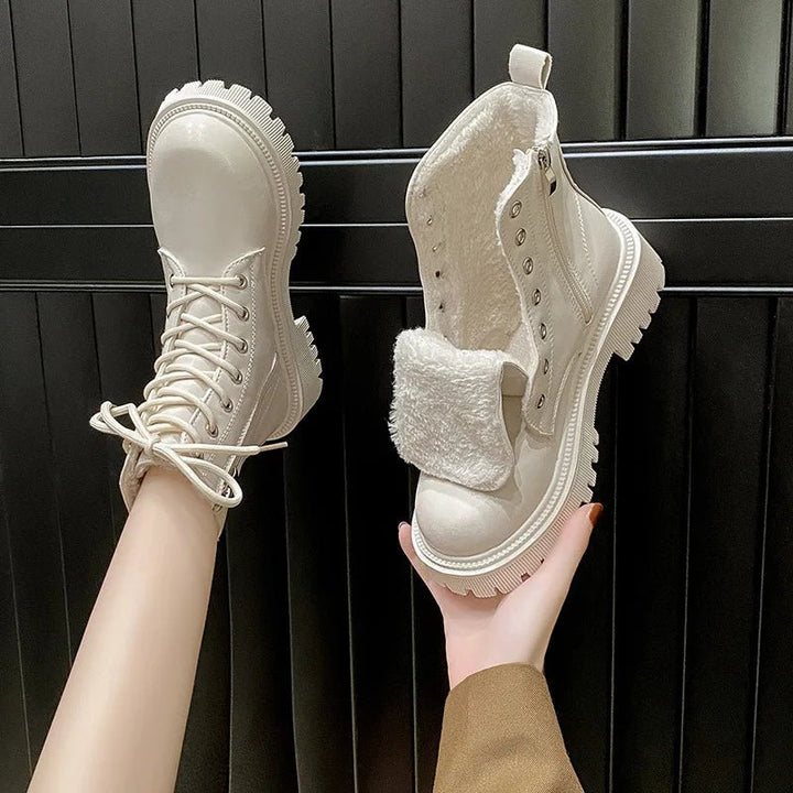 Women’s British Style Motorcycle Boots - Plush Thick Bottom Lace & Zipper Snow Boots for Autumn/Winter by Luxe Ahmar – Available at LUXE AHMAR