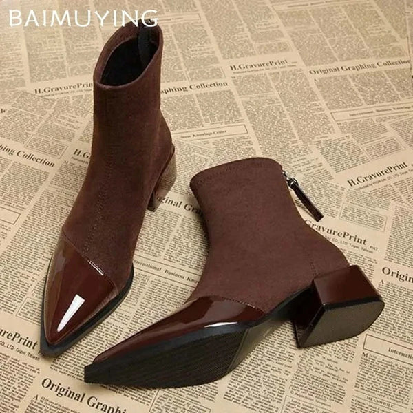 Women's Chunky Mid - Heel Ankle Boots - 2025 Trend Suede Pointed Toe Chelsea Boots by Luxe Ahmar – Available at LUXE AHMAR
