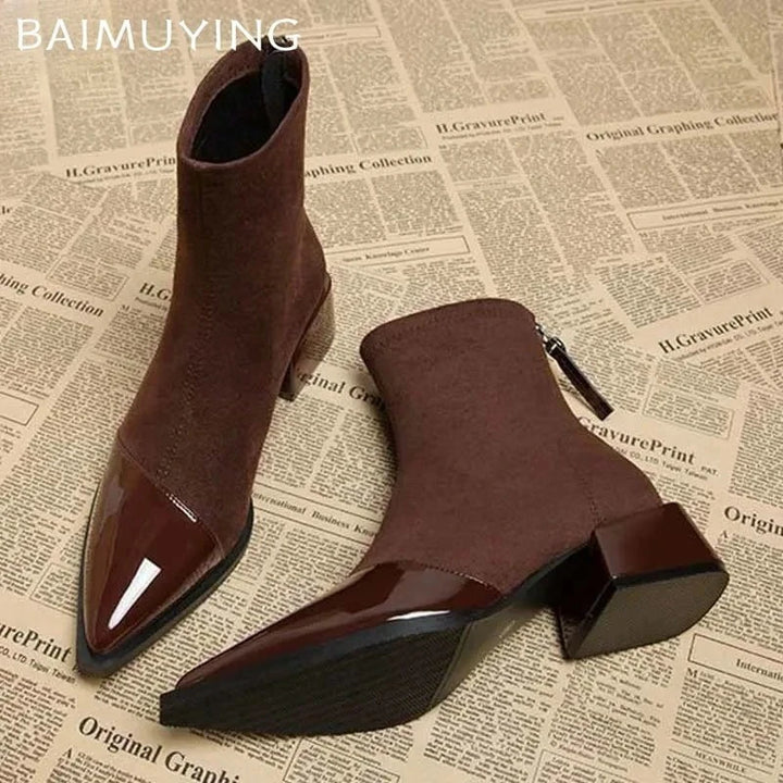 Women's Chunky Mid - Heel Ankle Boots - 2025 Trend Suede Pointed Toe Chelsea Boots by Luxe Ahmar – Available at LUXE AHMAR