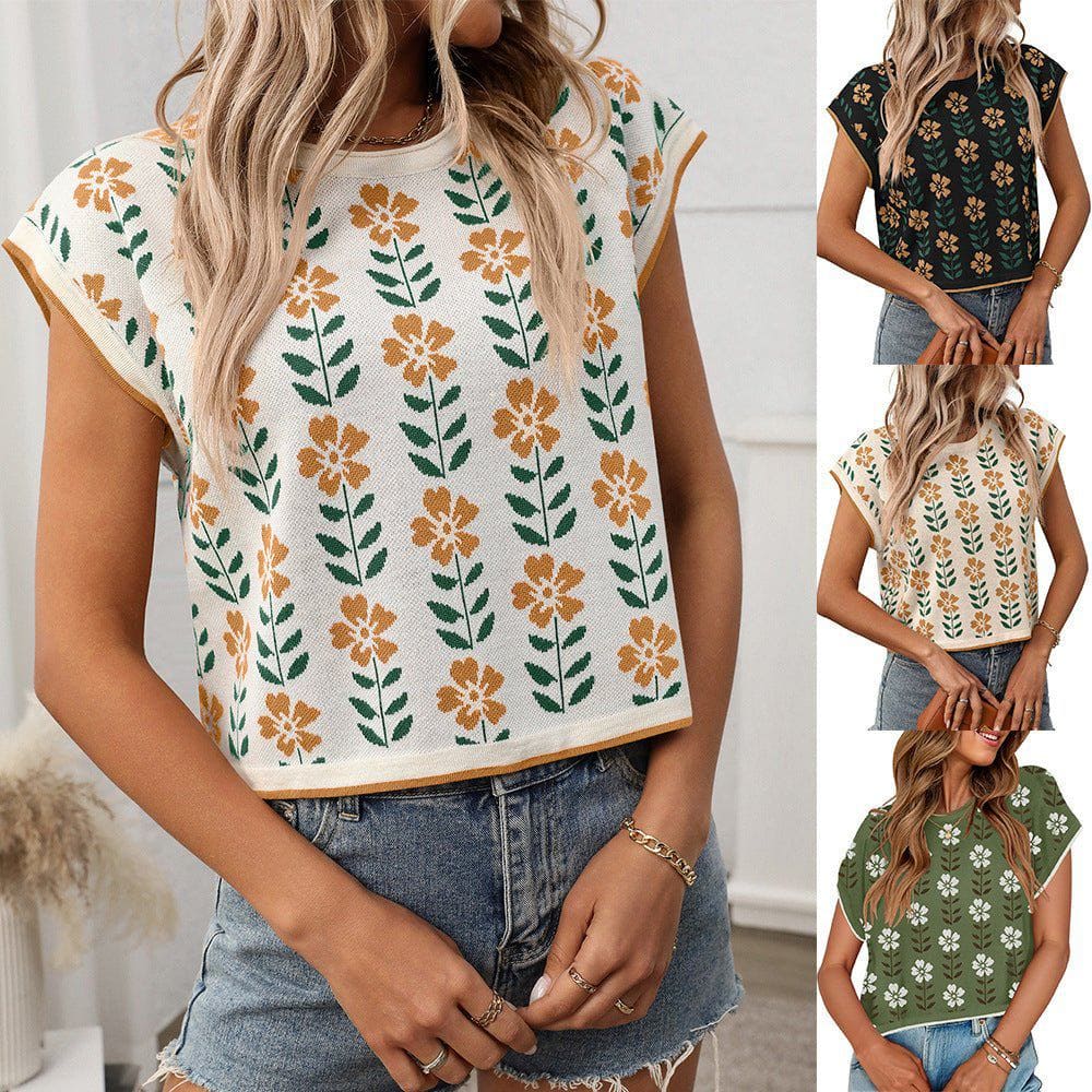 Women's Color Block Crocheted Flower Knit Sweater – Short Sleeve Slim Fit Crop Top by LUXE AHMAR – Available at LUXE AHMAR