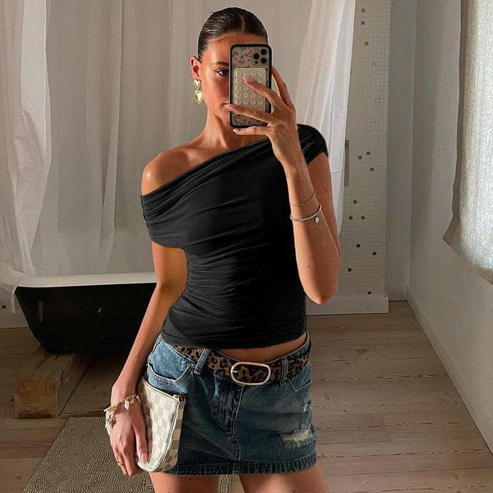 Women's Diagonal Collar Sleeveless Top – Street Style Irregular Pleated Blouse by LUXE AHMAR – Available at LUXE AHMAR