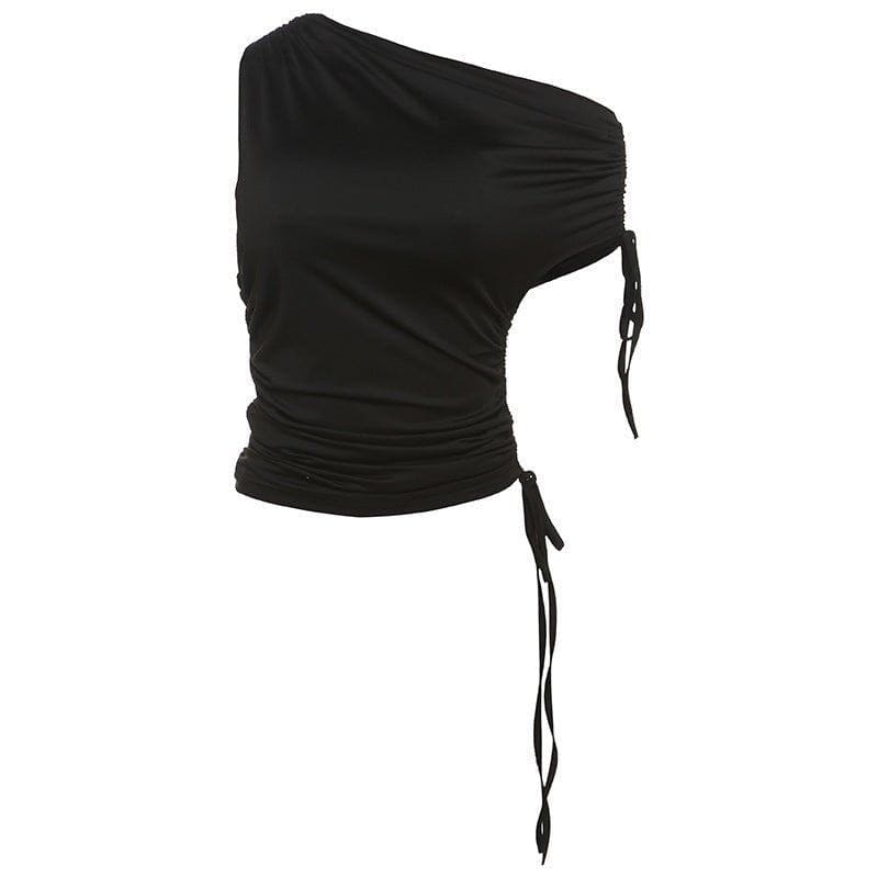 Women's Diagonal Collar Sleeveless Top – Street Style Irregular Pleated Blouse by LUXE AHMAR – Available at LUXE AHMAR