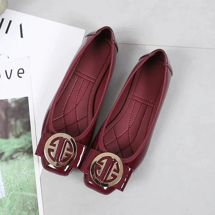 Women’s Fashion Casual Comfortable Flats – Square Toe PU Leather Loafers with Golden Detail, Large Size 43 by Luxe Ahmar – Available at LUXE AHMAR