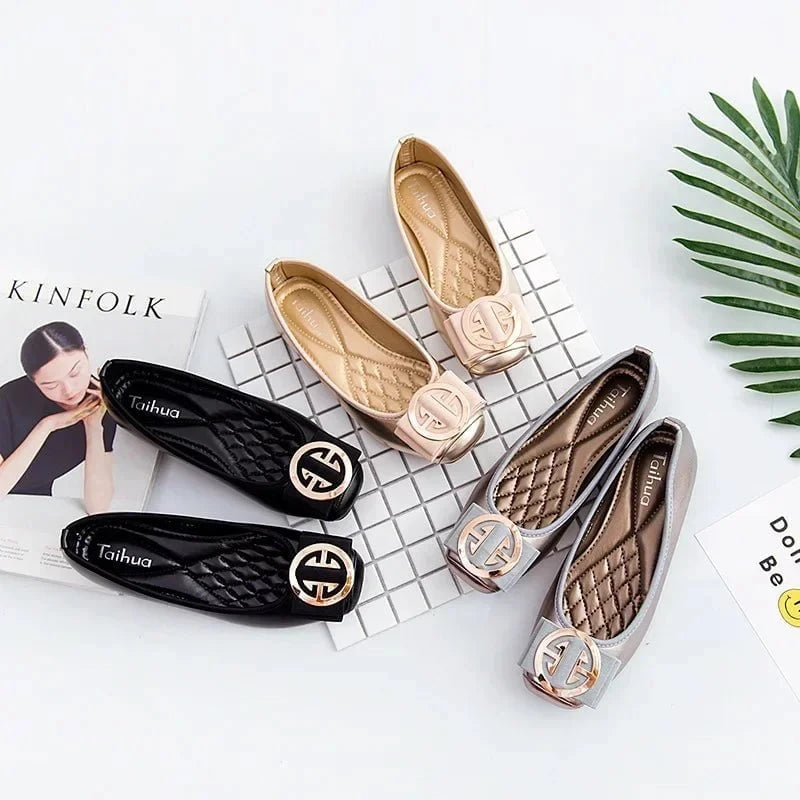 Women’s Fashion Casual Comfortable Flats – Square Toe PU Leather Loafers with Golden Detail, Large Size 43 by Luxe Ahmar – Available at LUXE AHMAR
