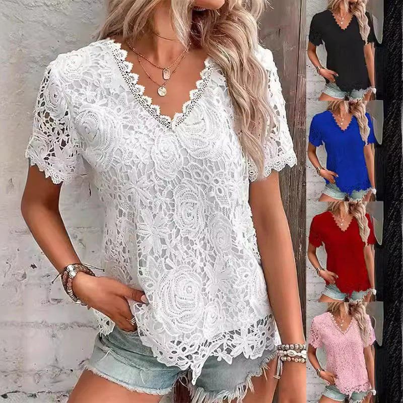 Women's Lace Stitching Short Sleeve T-Shirt – Slim Fit Cotton Pullover Top by LUXE AHMAR – Available at LUXE AHMAR