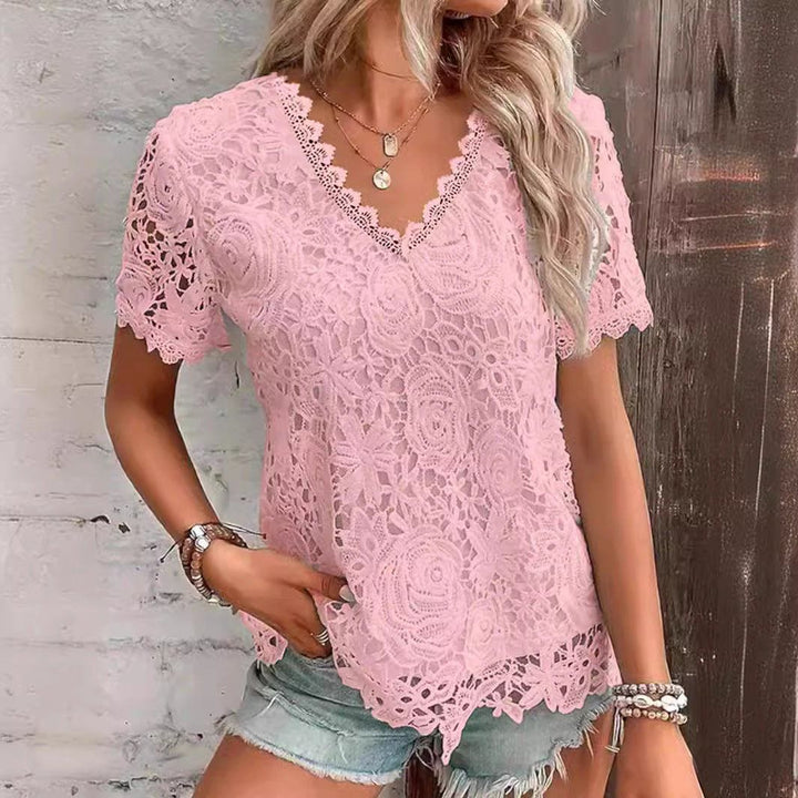 Women's Lace Stitching Short Sleeve T-Shirt – Slim Fit Cotton Pullover Top by LUXE AHMAR – Available at LUXE AHMAR