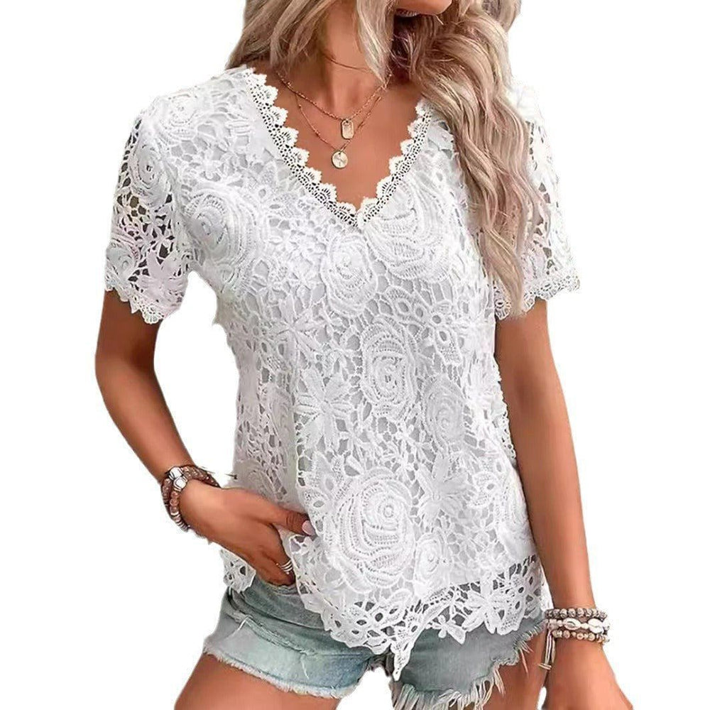 Women's Lace Stitching Short Sleeve T-Shirt – Slim Fit Cotton Pullover Top by LUXE AHMAR – Available at LUXE AHMAR