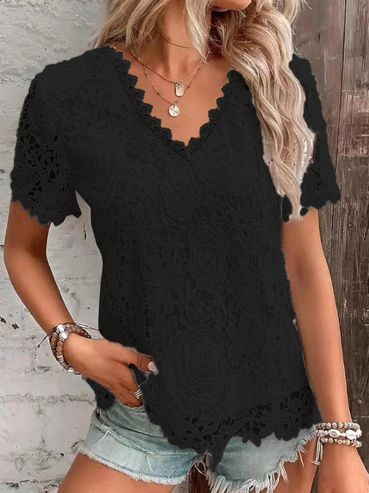 Women's Lace Stitching Short Sleeve T-Shirt – Slim Fit Cotton Pullover Top by LUXE AHMAR – Available at LUXE AHMAR