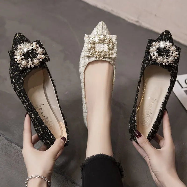 Women’s Mixed Color Moccasins with Pearl Decoration – Casual Pointed Flats by Luxe Ahmar – Available at LUXE AHMAR