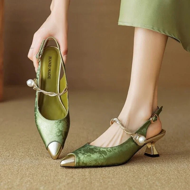 Women's Sandals – Summer New Retro Pointy Low Heel Buckle Toe High Heels, Fashion Temperament Pearl Stiletto Sandals by Luxe Ahmar – Available at LUXE AHMAR