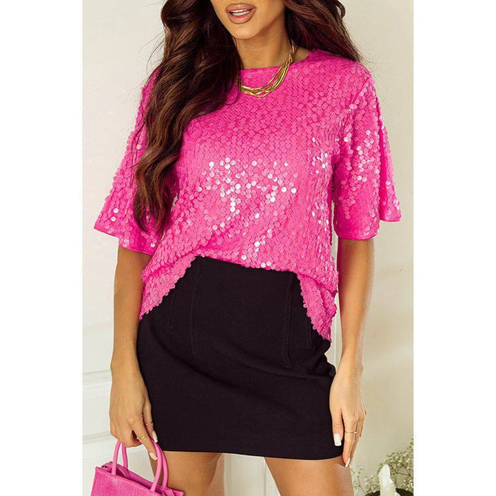 Women's Sequin Short Sleeve Top – Casual Round Neck Pullover Blouse by LUXE AHMAR – Available at LUXE AHMAR