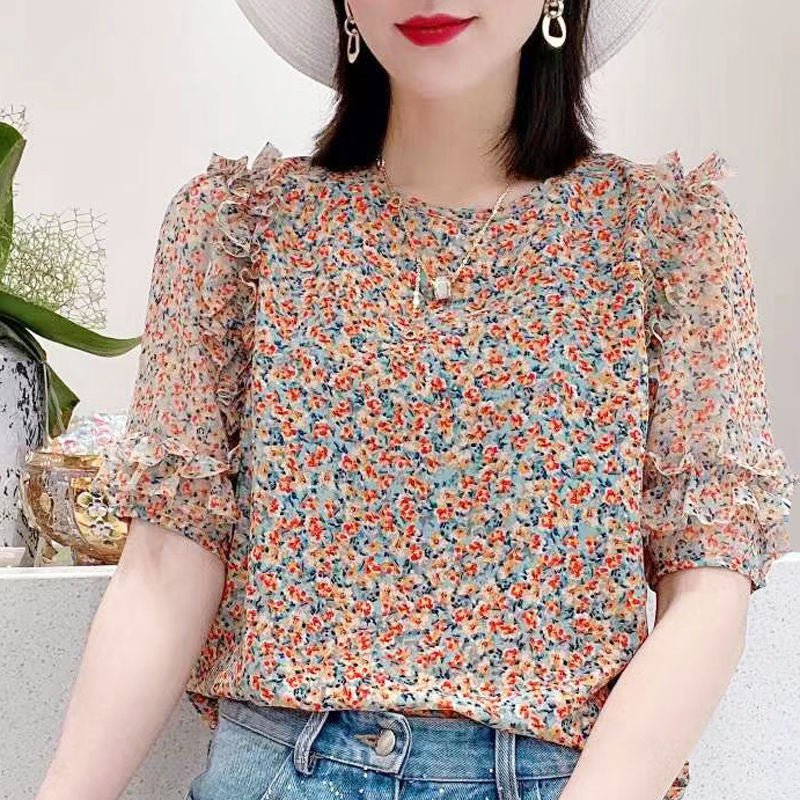 Women's Summer Pleated Chiffon Floral Blouse – Loose Fit Quarter Sleeve Top by LUXE AHMAR – Available at LUXE AHMAR