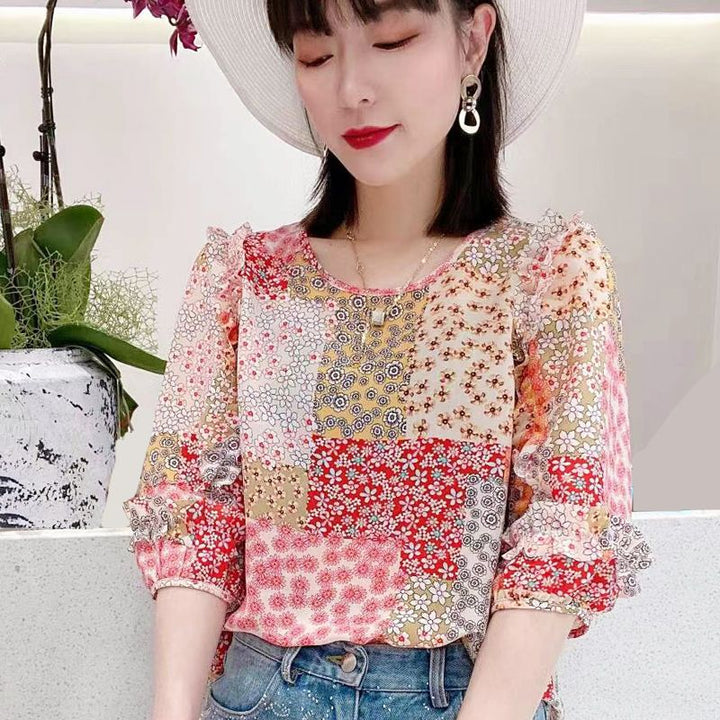 Women's Summer Pleated Chiffon Floral Blouse – Loose Fit Quarter Sleeve Top by LUXE AHMAR – Available at LUXE AHMAR