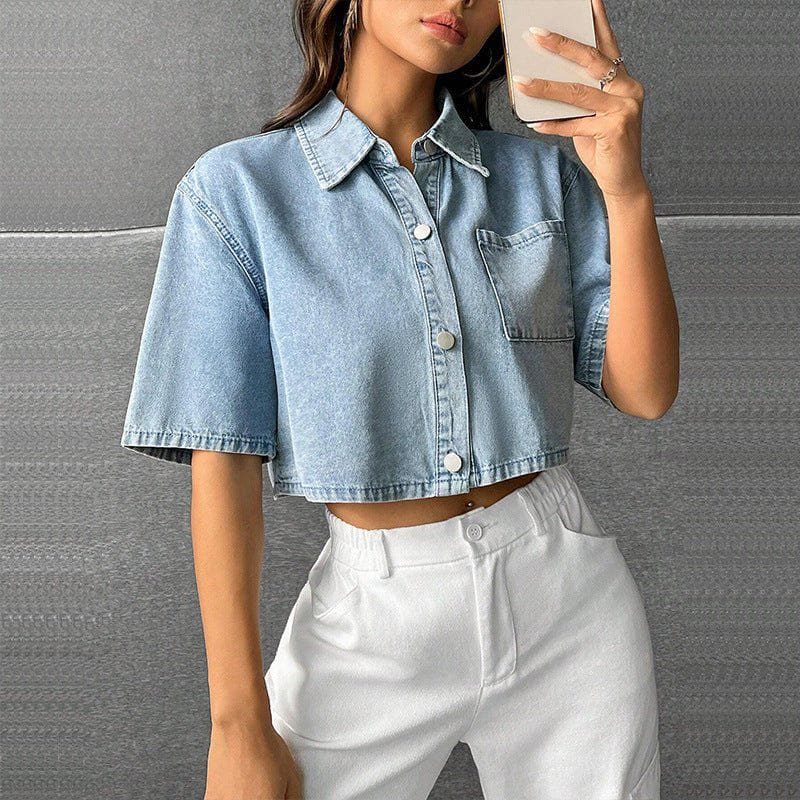Women’s Thin Denim Short Sleeve Waistcoat Shirt – Casual Loose Fit Cotton Blouse by LUXE AHMAR – Available at LUXE AHMAR