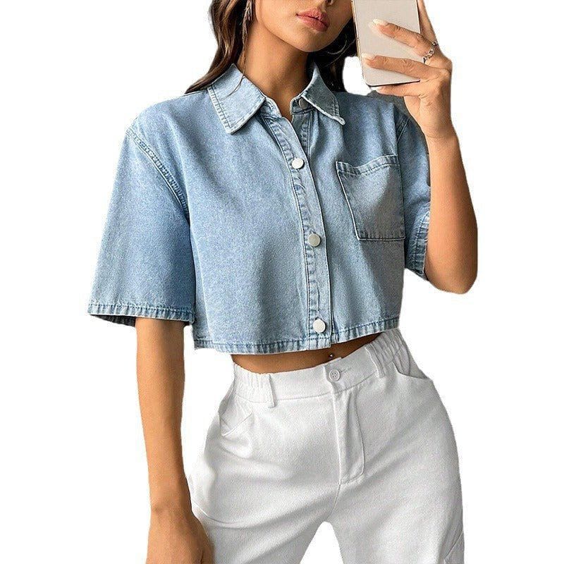 Women’s Thin Denim Short Sleeve Waistcoat Shirt – Casual Loose Fit Cotton Blouse by LUXE AHMAR – Available at LUXE AHMAR