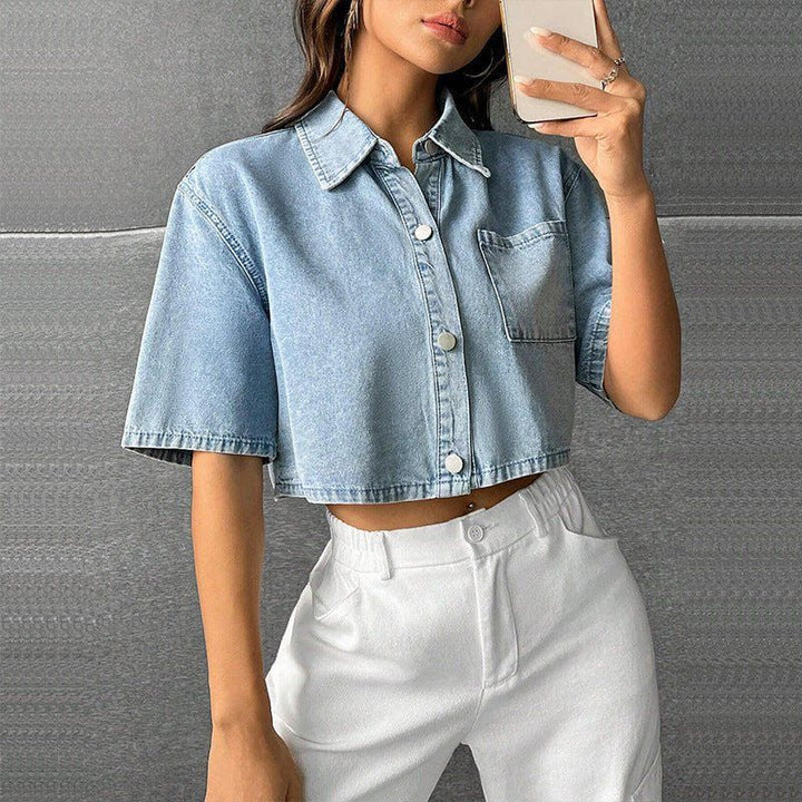 Women’s Thin Denim Short Sleeve Waistcoat Shirt – Casual Loose Fit Cotton Blouse by LUXE AHMAR – Available at LUXE AHMAR