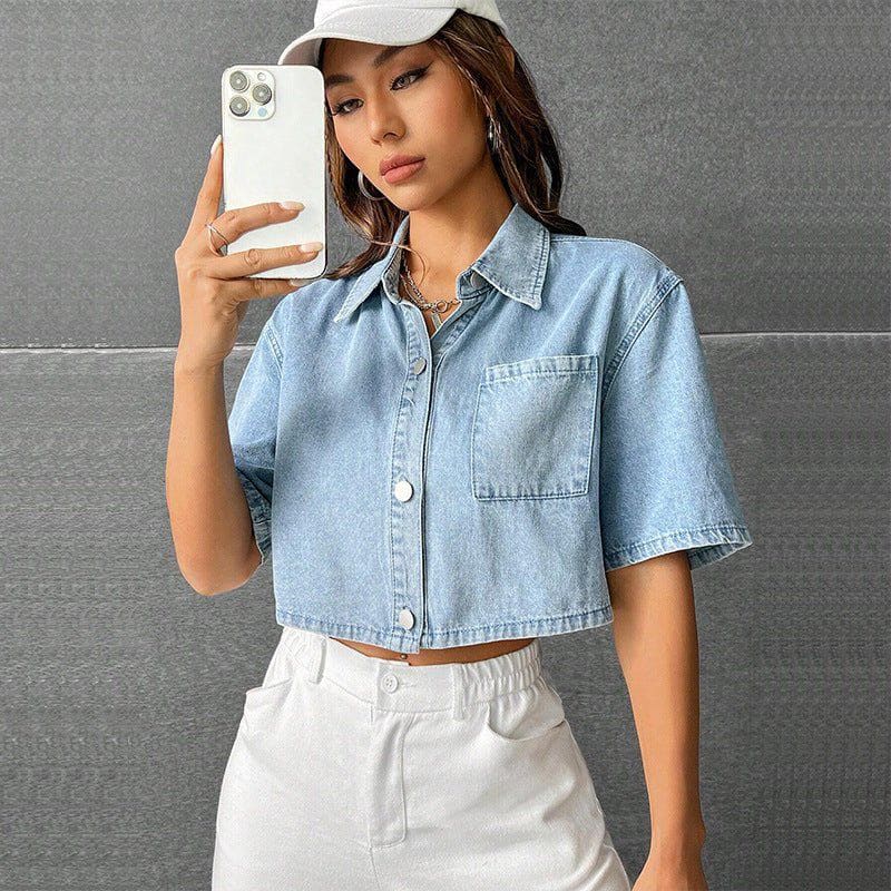 Women’s Thin Denim Short Sleeve Waistcoat Shirt – Casual Loose Fit Cotton Blouse by LUXE AHMAR – Available at LUXE AHMAR