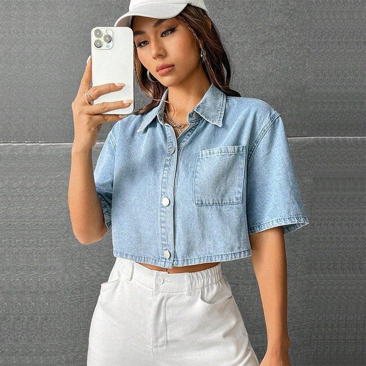 Women’s Thin Denim Short Sleeve Waistcoat Shirt – Casual Loose Fit Cotton Blouse by LUXE AHMAR – Available at LUXE AHMAR
