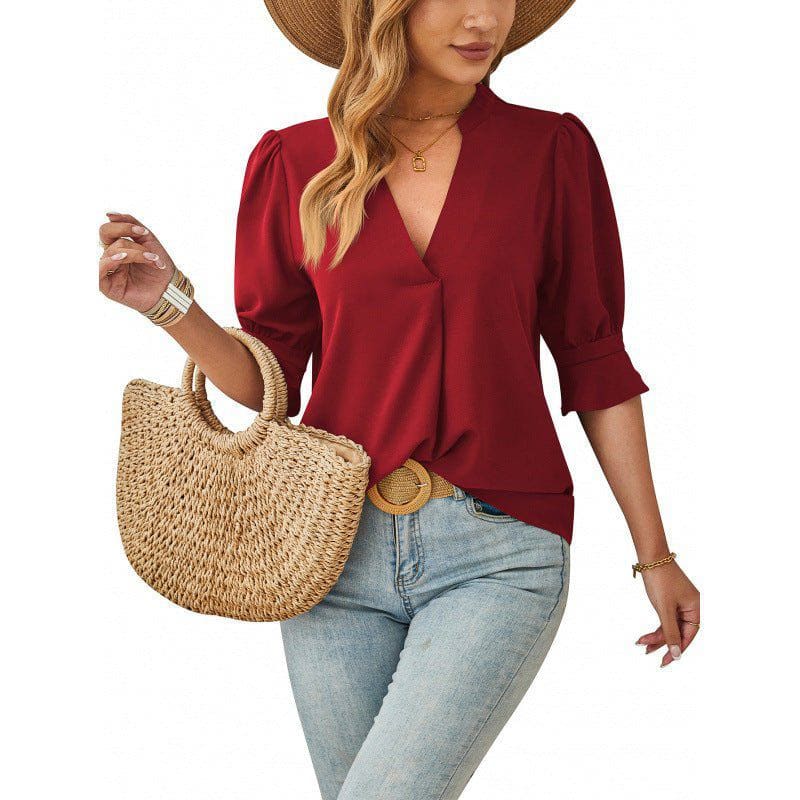 Women's V - Neck Mid - Sleeve Casual Top – Breathable Ice Silk Wrinkle Fabric by LUXE AHMAR – Available at LUXE AHMAR