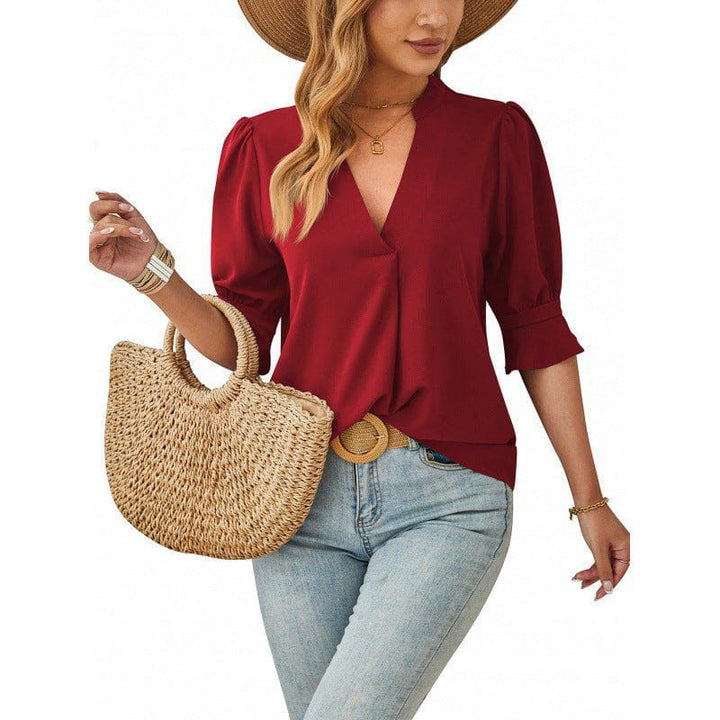 Women's V - Neck Mid - Sleeve Casual Top – Breathable Ice Silk Wrinkle Fabric by LUXE AHMAR – Available at LUXE AHMAR