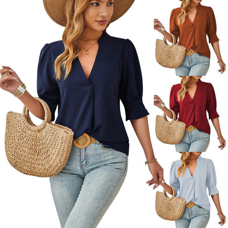 Women's V - Neck Mid - Sleeve Casual Top – Breathable Ice Silk Wrinkle Fabric by LUXE AHMAR – Available at LUXE AHMAR