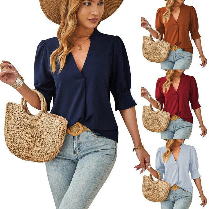 Women's V - Neck Mid - Sleeve Casual Top – Breathable Ice Silk Wrinkle Fabric by LUXE AHMAR – Available at LUXE AHMAR