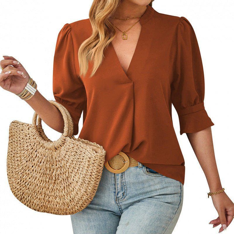 Women's V - Neck Mid - Sleeve Casual Top – Breathable Ice Silk Wrinkle Fabric by LUXE AHMAR – Available at LUXE AHMAR