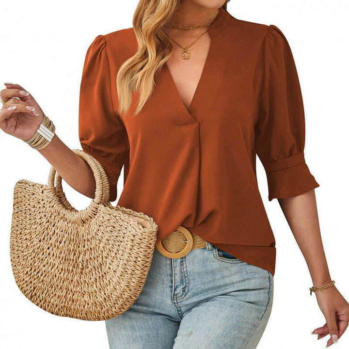 Women's V - Neck Mid - Sleeve Casual Top – Breathable Ice Silk Wrinkle Fabric by LUXE AHMAR – Available at LUXE AHMAR