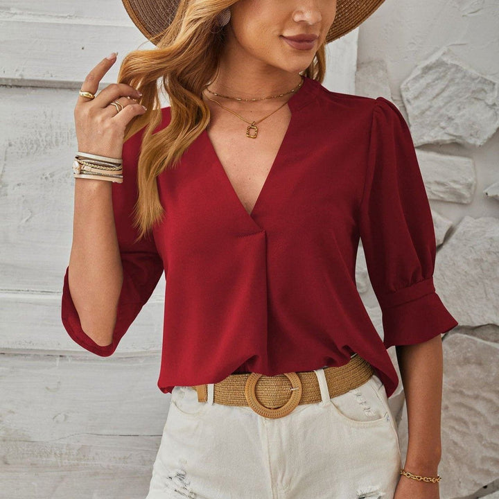 Women's V - Neck Mid - Sleeve Casual Top – Breathable Ice Silk Wrinkle Fabric by LUXE AHMAR – Available at LUXE AHMAR