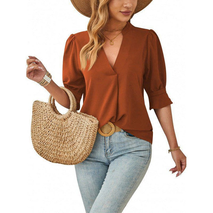 Women's V - Neck Mid - Sleeve Casual Top – Breathable Ice Silk Wrinkle Fabric by LUXE AHMAR – Available at LUXE AHMAR