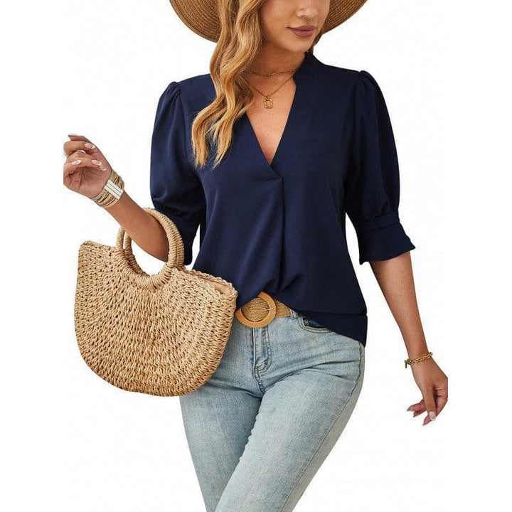 Women's V - Neck Mid - Sleeve Casual Top – Breathable Ice Silk Wrinkle Fabric by LUXE AHMAR – Available at LUXE AHMAR