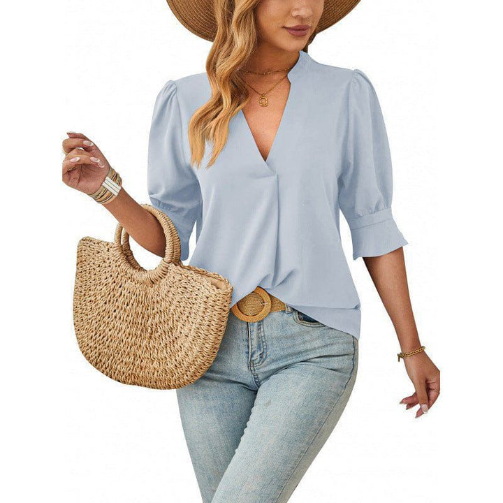 Women's V - Neck Mid - Sleeve Casual Top – Breathable Ice Silk Wrinkle Fabric by LUXE AHMAR – Available at LUXE AHMAR